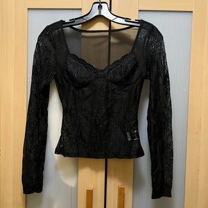 Lace Up Front Sleeve Lace Semi Crop Top